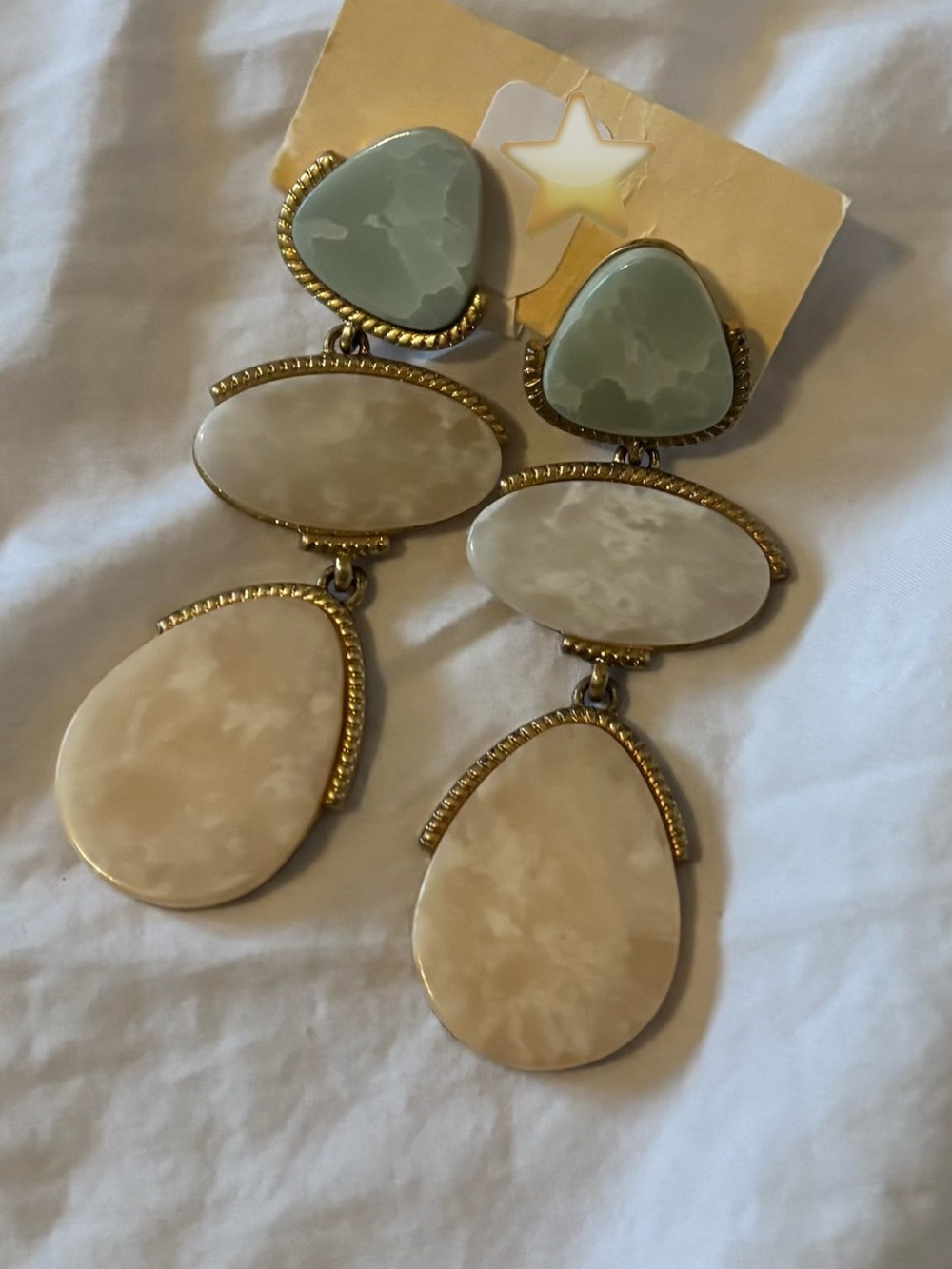 Gold-Tone Dangle Earrings with Green and Cream Resin Drops